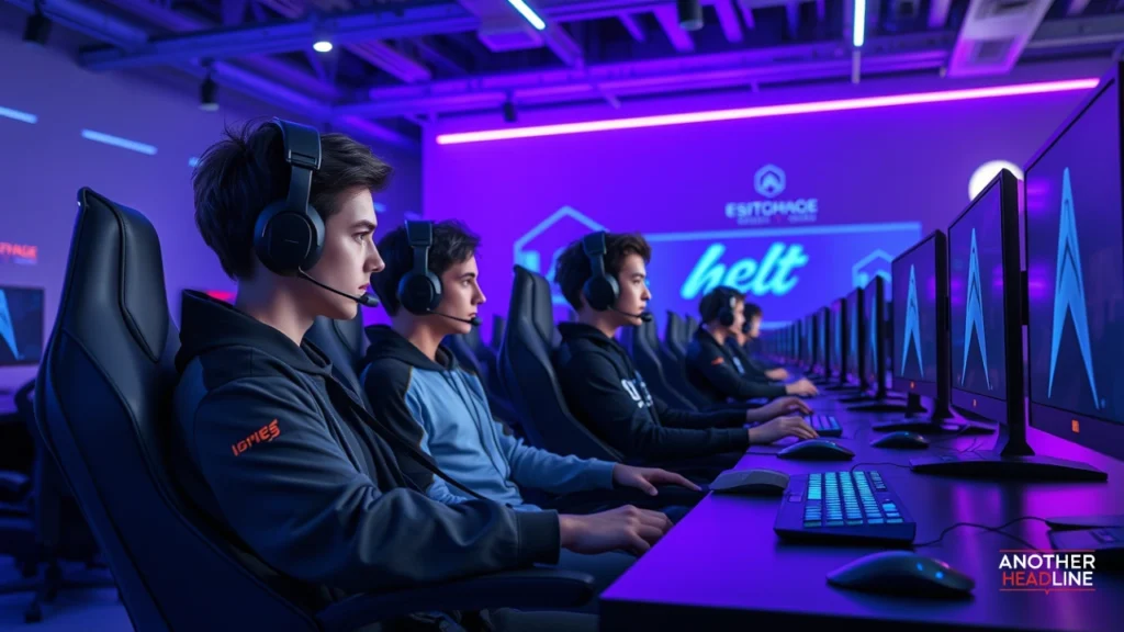 competitive esports team gaming in a neon-lit arena, showcasing digitairgs.org tournaments