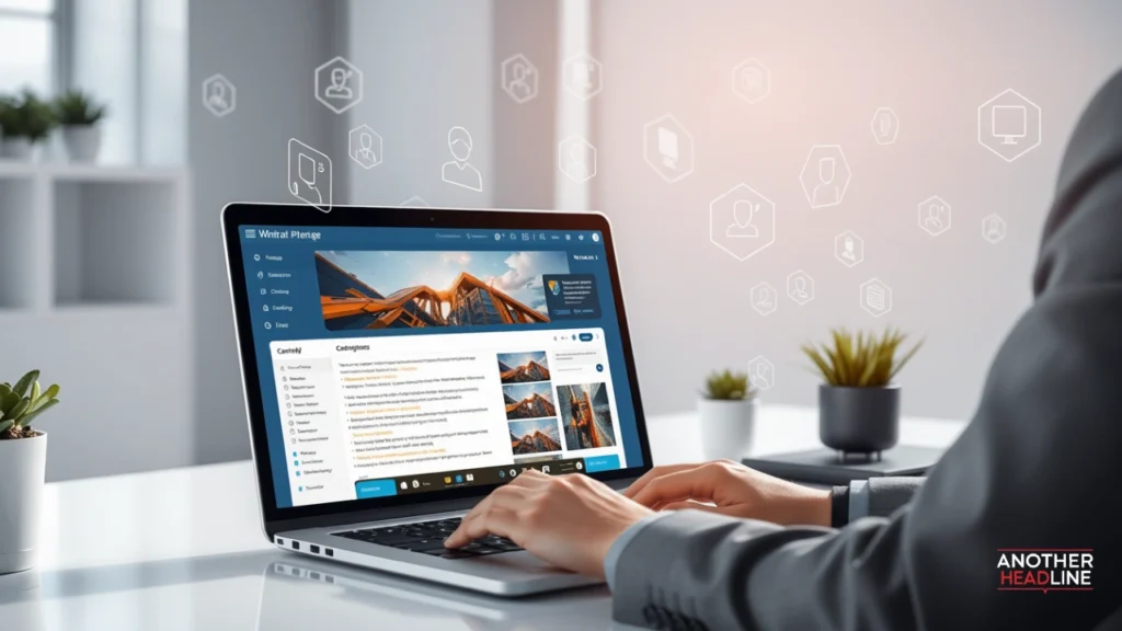 content creator using winproai com ai writing tool on a windows laptop in a modern workspace