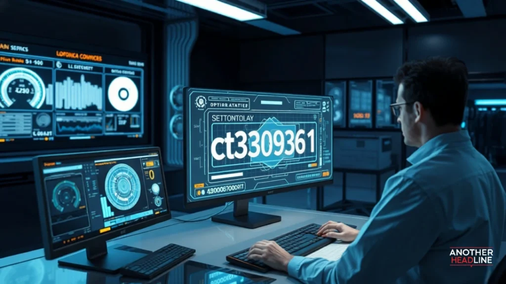 ct3309361 model on holographic screen in high-tech lab with engineer