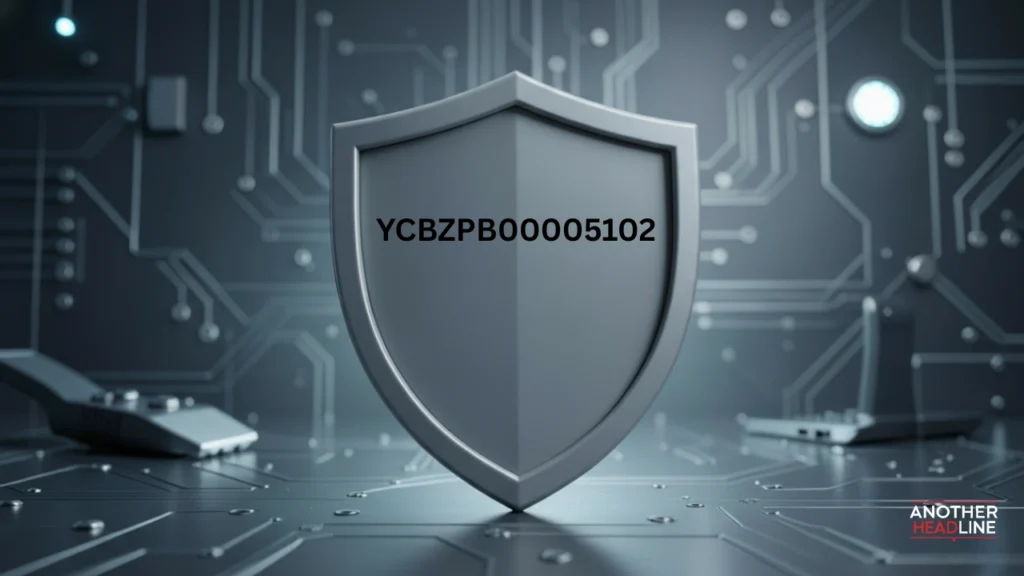 cybersecurity shield protecting alphanumeric identifier ycbzpb00005102, symbolizing data safety