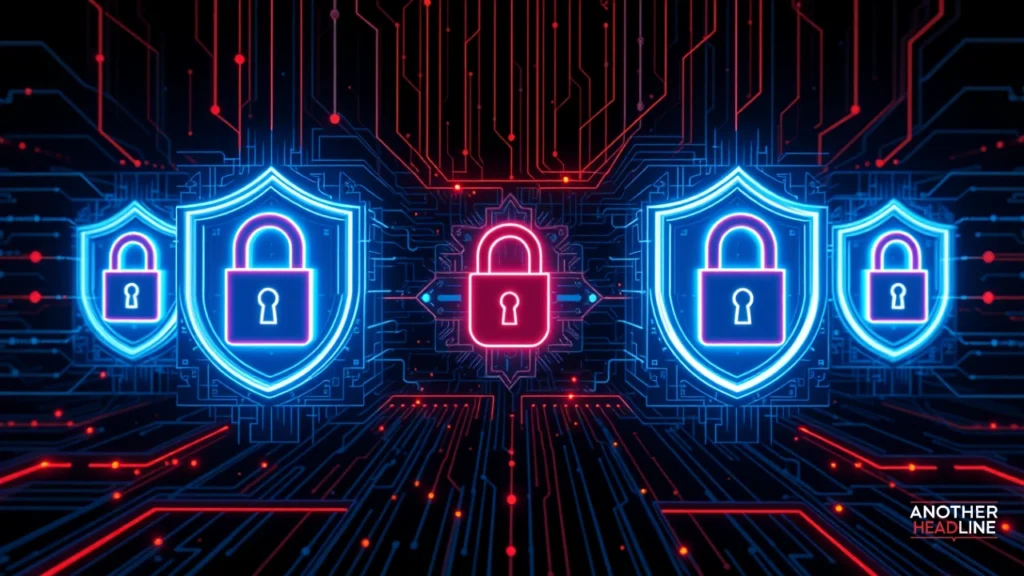 cybersecurity visualization with shields and locks, showcasing stewart from wavetechglobal