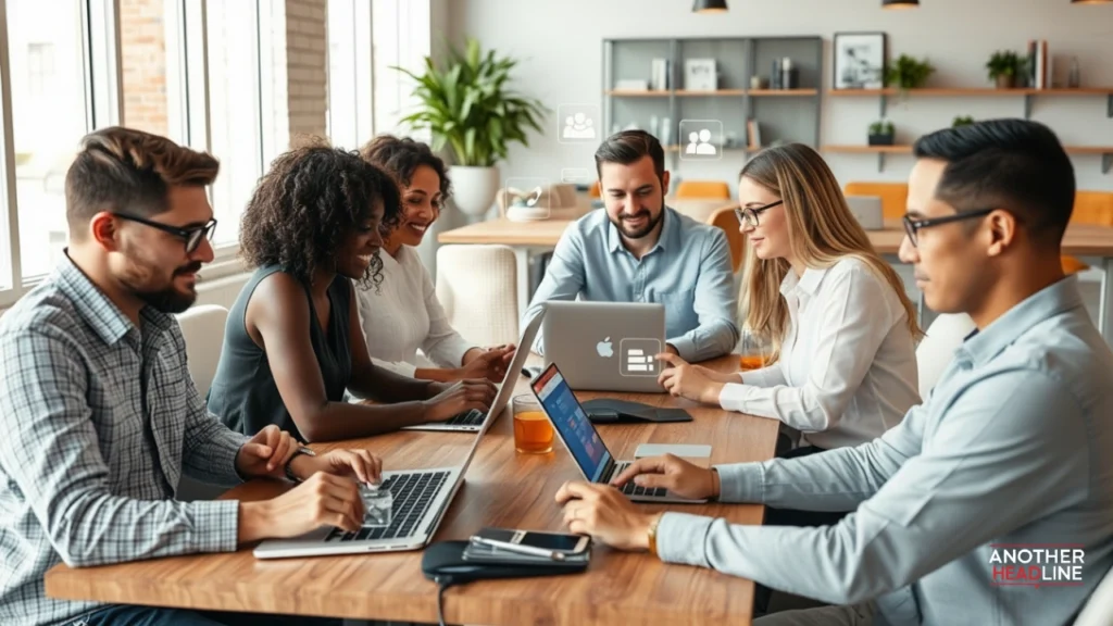 diverse people collaborating with laptops and smartphones in a modern workspace using uitly