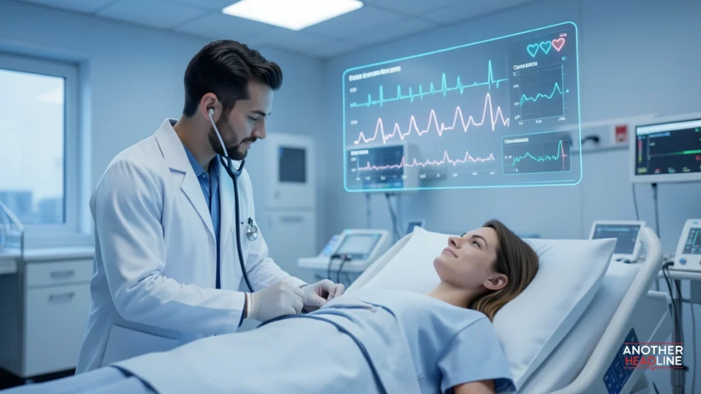 doctor using a digital stethoscope with holographic patient vitals