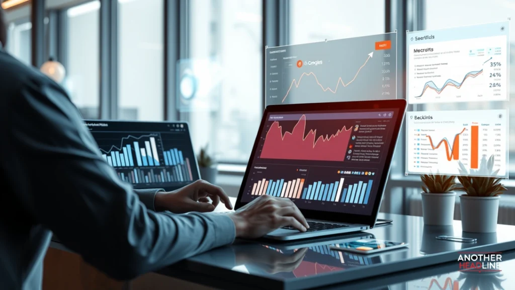 flymenews.com seo dashboard with rising graphs, backlinks, and keyword analytics