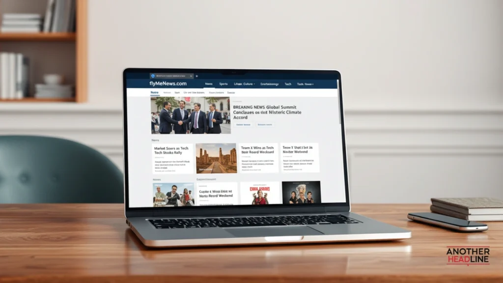 flymenews.com website displayed on sleek laptop