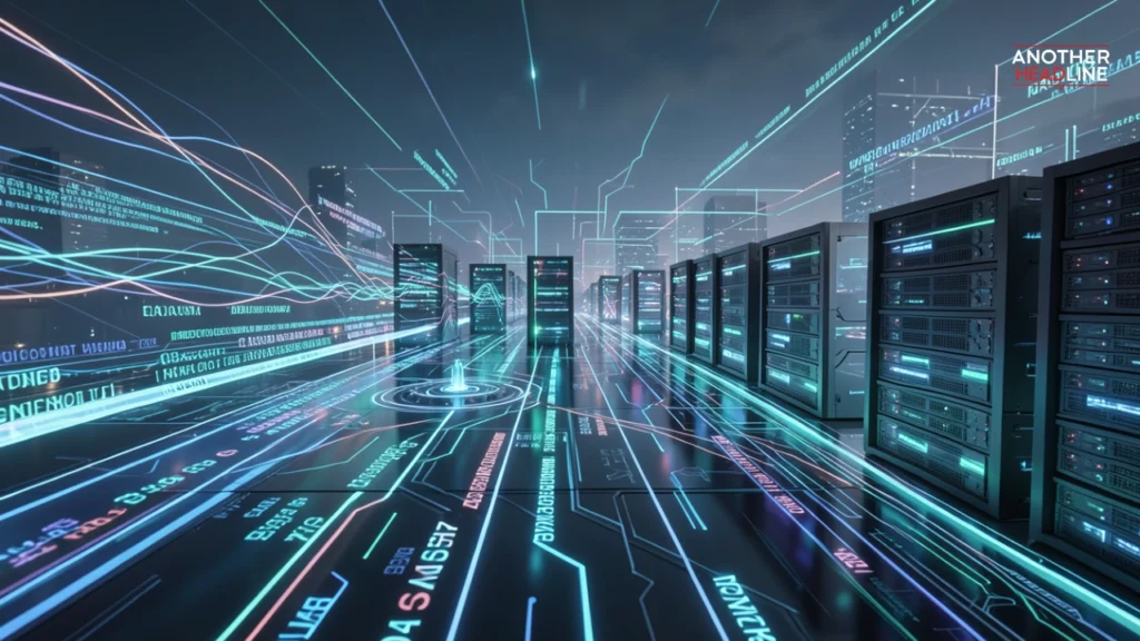 futuristic digital landscape with glowing alphanumeric codes