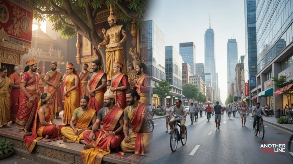 jememôtre scene with traditional rituals on one side and modern urban life on the other, showing cultural evolution