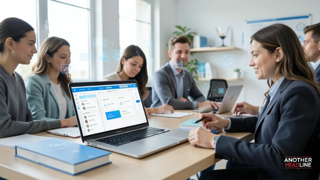 online learning scene with laptop, students, and educator, showcasing educationtic com