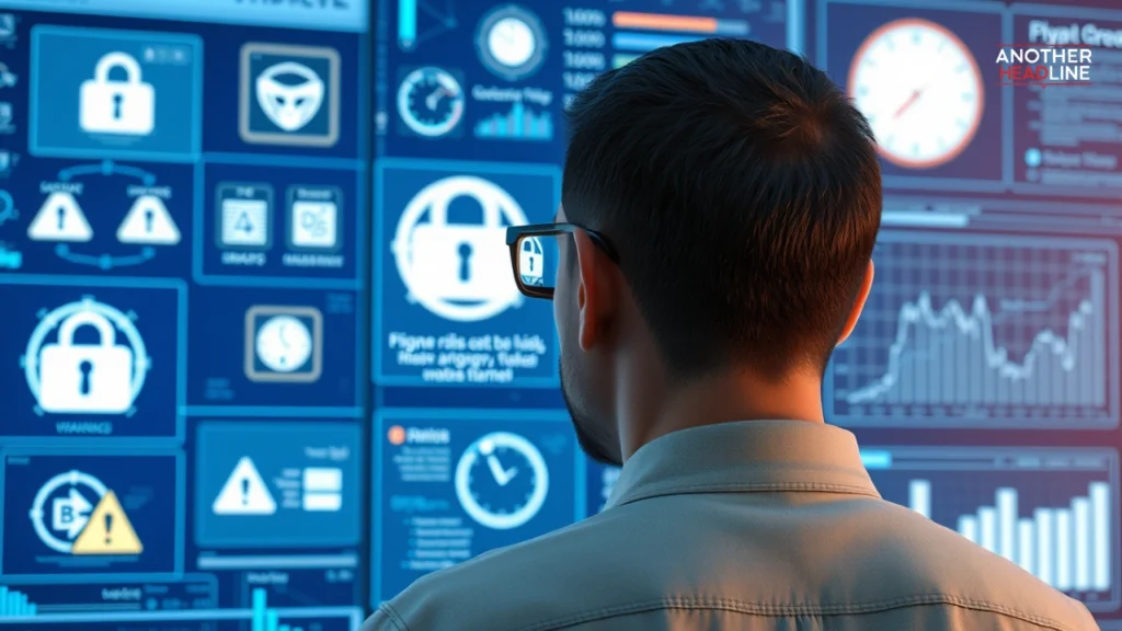 person monitoring digital risks on screens with warnings and graphs - sinpcity environment