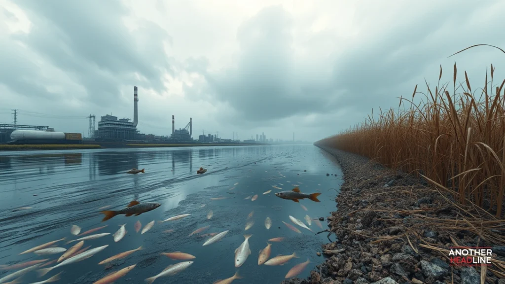 polluted river near factory with dead fish and dry crops showing environmental damage from zixyurevay