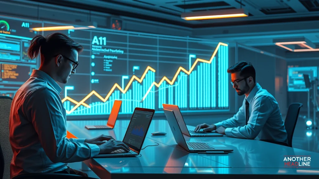 professionals using winproai com ai tools on windows laptops in a futuristic office workspace