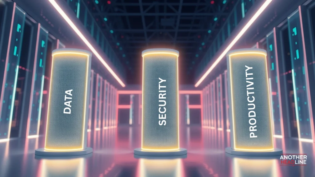 three glowing pillars data, security, productivity, representing gldyql framework