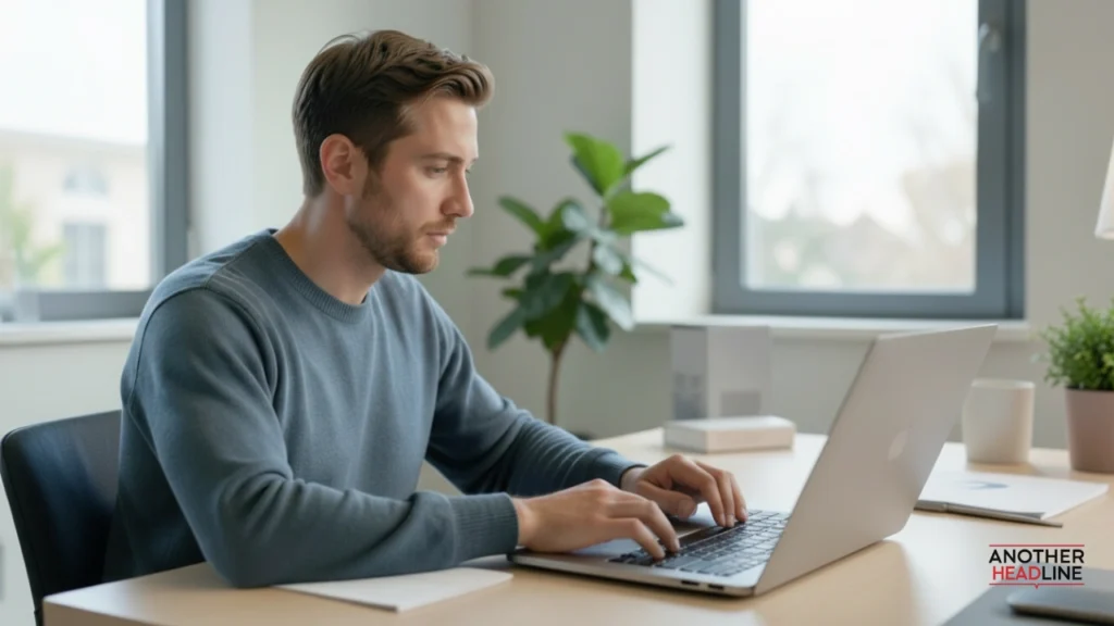 user carefully fact-checking news articles on irishbreakingnews.com using a laptop