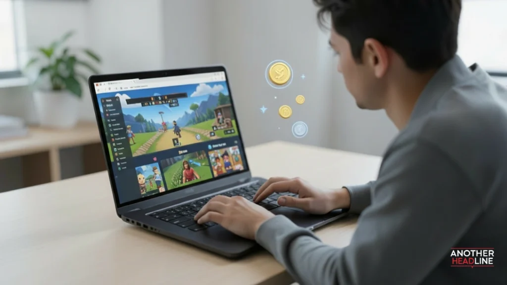 user playing skill-based browser games on a laptop with virtual coins - skillmachine net
