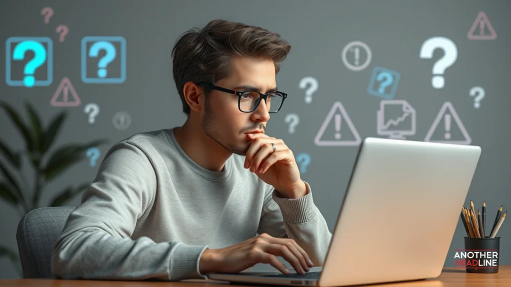 user reviewing information critically on factsreader com with warning and question icons