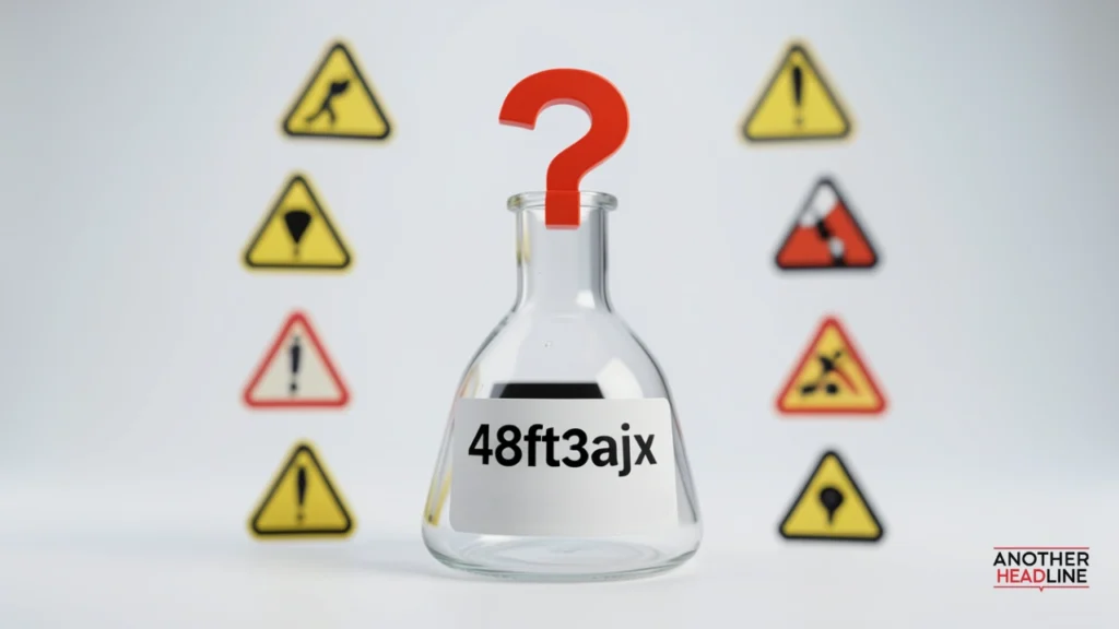 warning-style illustration of a flask labeled 48ft3ajx Ingredient with question mark and safety icons