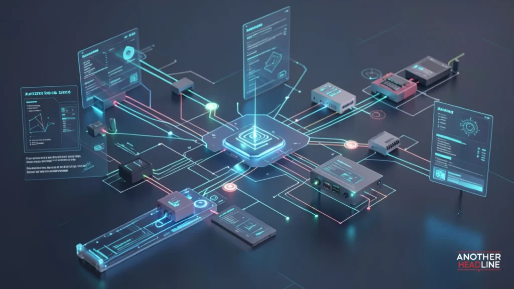 xunzercino modular technology framework with interconnected components and glowing nodes