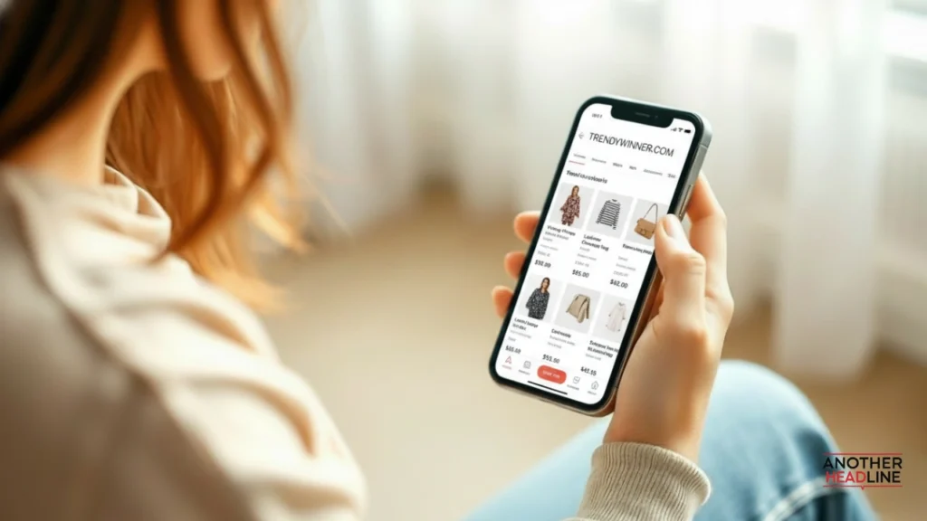 young woman using trendywinner com app on smartphone for online shopping