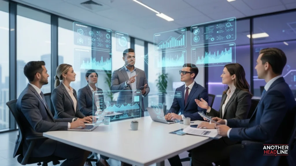 chro leading executives with holographic dashboards and ai analytics, highlighting tech trends gfxprojectality in hr leadership 2026