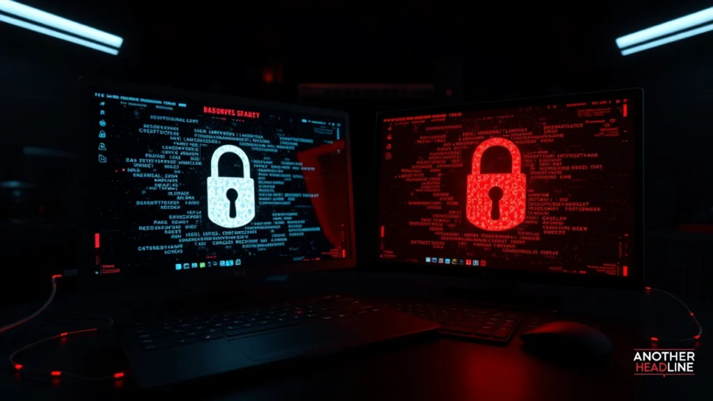 cybersecurity visuals showing malware, ransomware locks, and hacked screens linked to filmygod uk risks