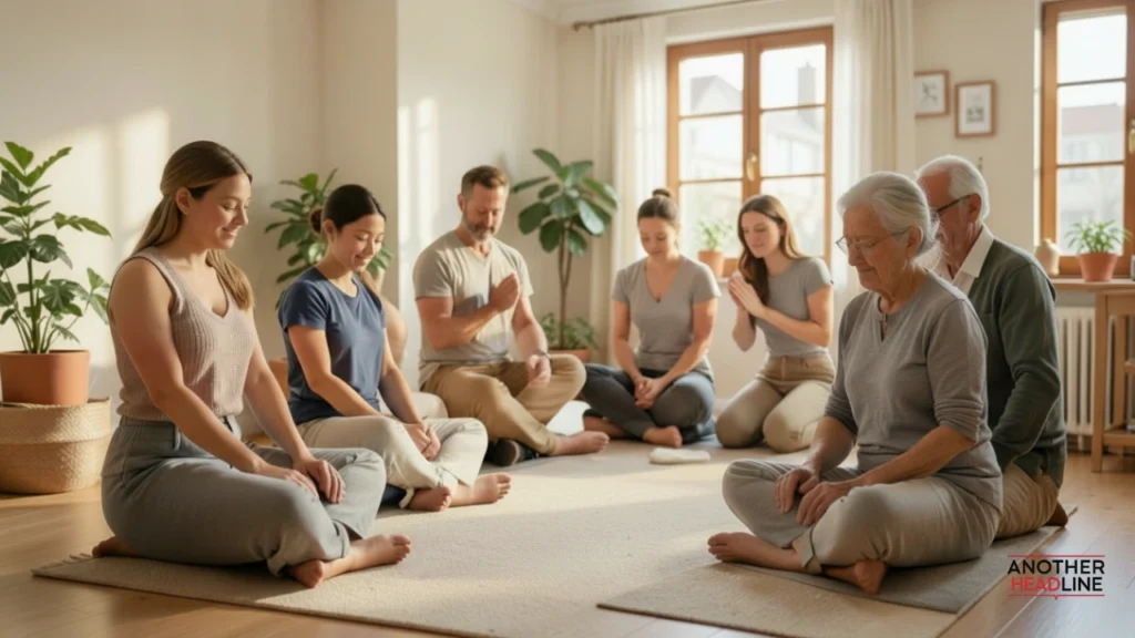 diverse people practicing gentle wellness routines together -hizzaboloufazic lifestyle approach