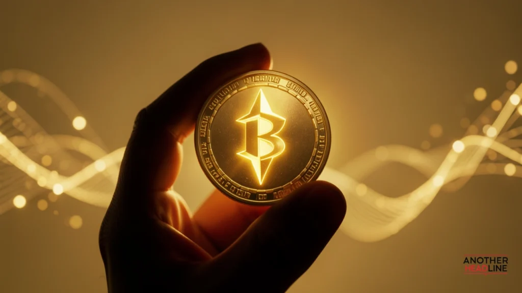 etherions faston crypto coin in hand with golden blockchain energy