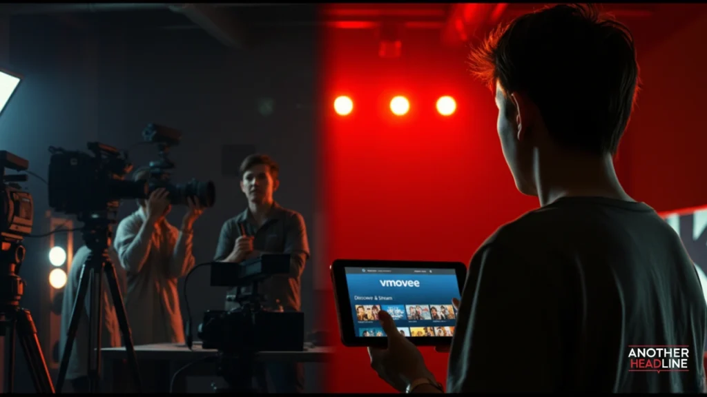 film crew creating a movie contrasted with a viewer streaming online on a device – vmovee concept
