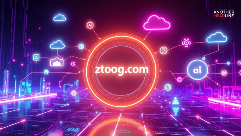 futuristic digital ecosystem with glowing ztoog.com core, ai, cloud, and connected tech network