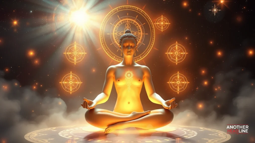 meditative figure with symbols and cosmic light representing liliteenseña