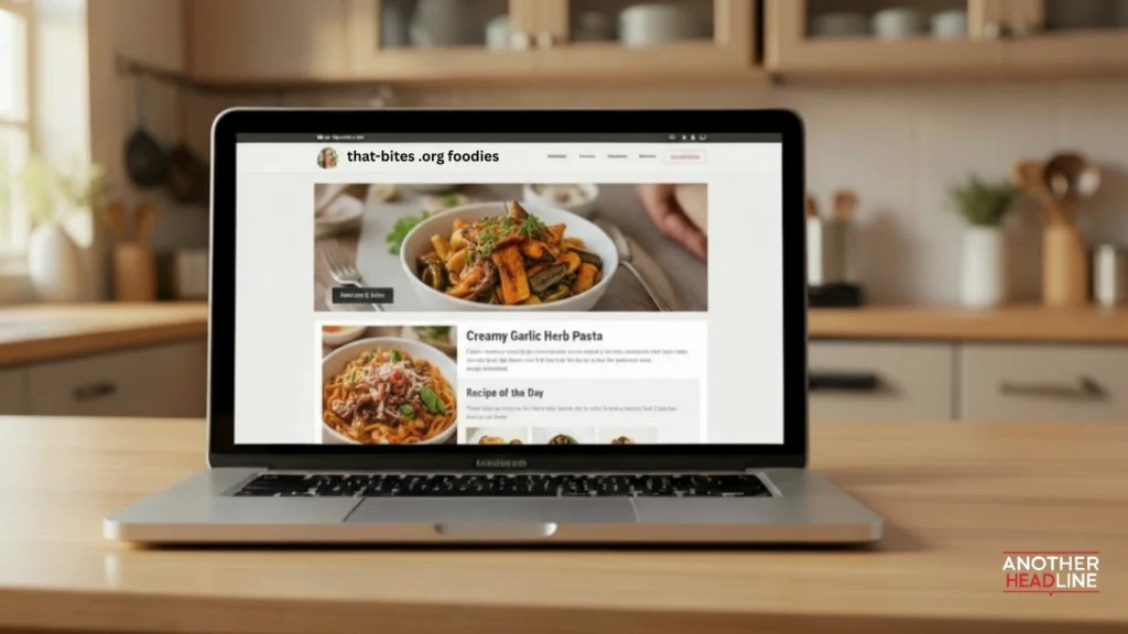 modern food blog homepage on a laptop with recipes and articles – that-bites .org foodies