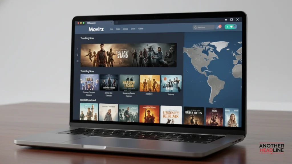 modern laptop showing Movirz ott streaming interface with organized movie thumbnails