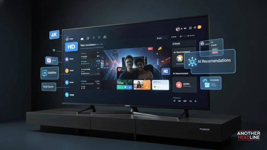movirz streaming dashboard with hd, 4k, subtitles, ai recommendations, and multi-device support icons
