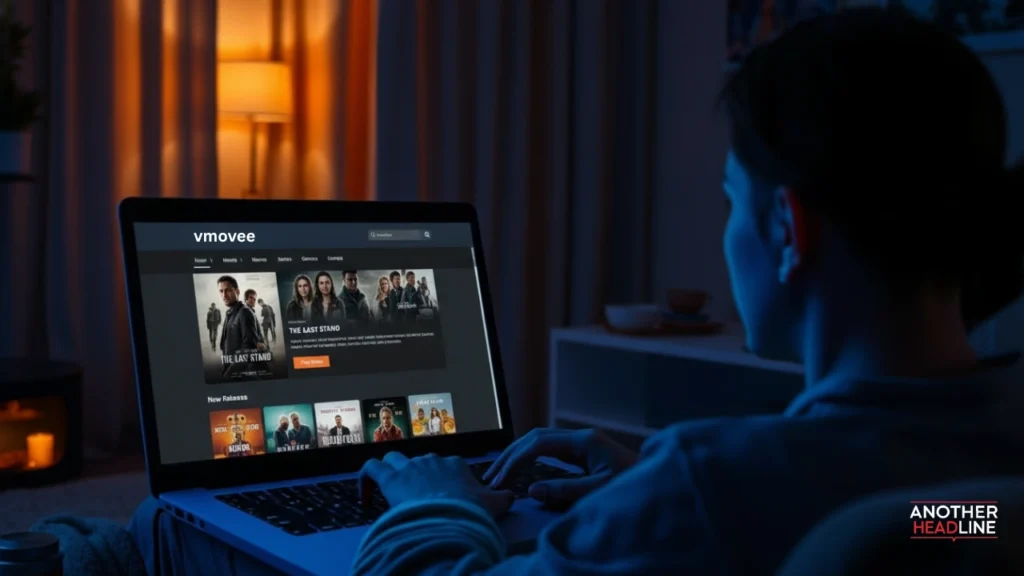 person browsing a free movie streaming site on a laptop – vmovee streaming scene