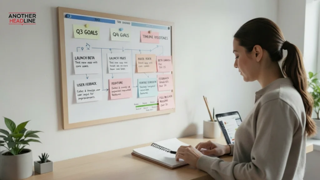 person planning goals on a digital vision board with timelines illustrating on success100x.com factors