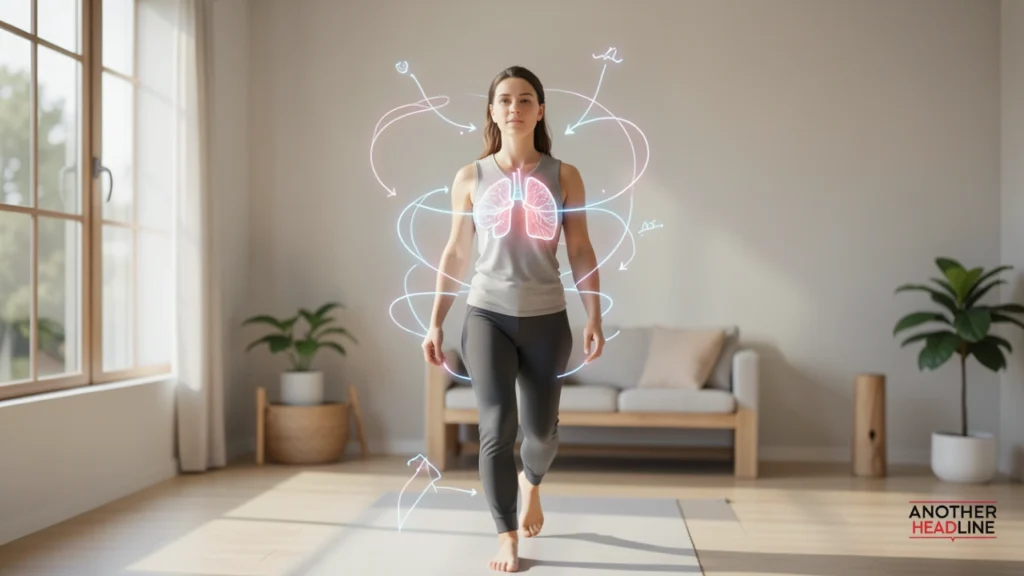 person walking mindfully with glowing breath lines hizzaboloufazic wellness practice