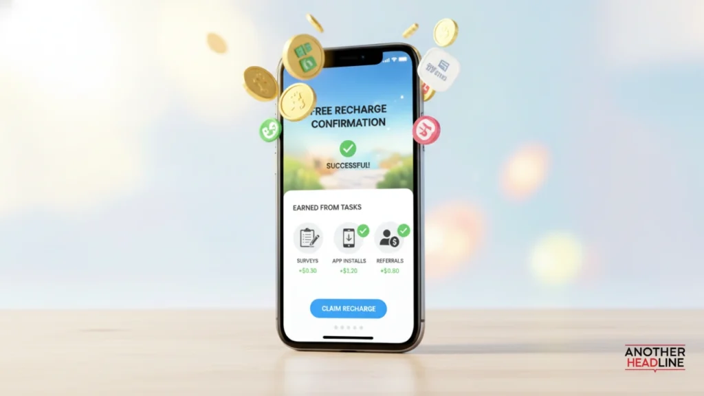 smartphone showing free recharge confirmation with floating coins and reward points on anutips online