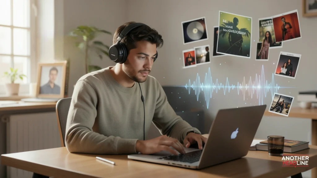 thoughtful writer analyzing music with laptop and headphones for zukasound.com – daily picks & featured commentary