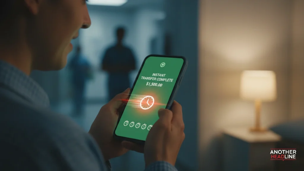 Person using smartphone for urgent money transfer with confirmation, onlyworkmoods com