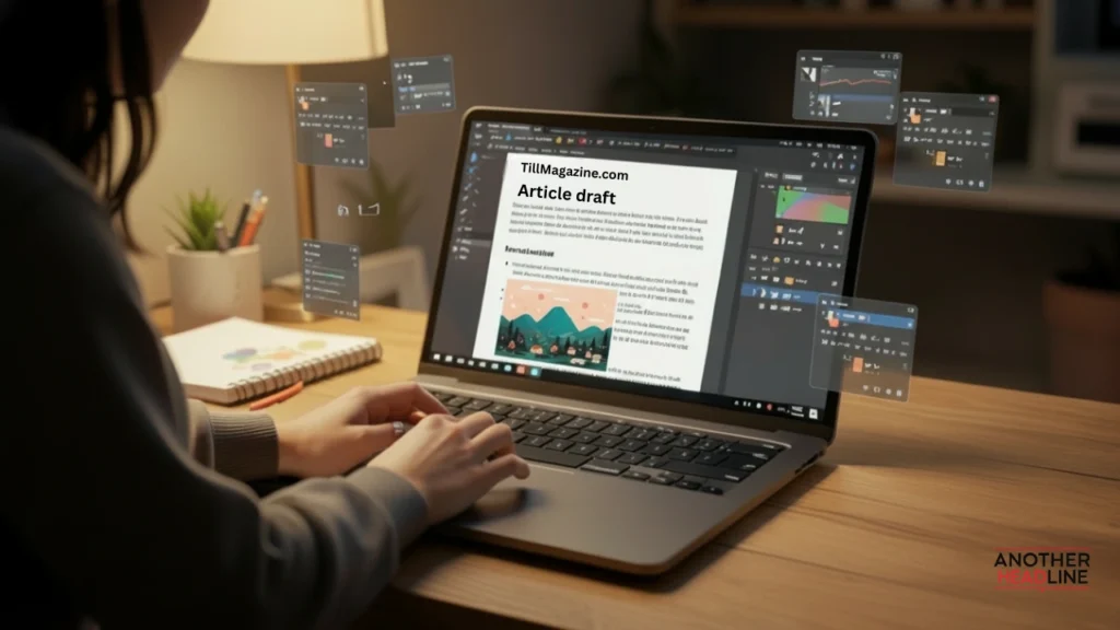 blogger editing an article draft on tillmagazine.com with structured headings on a laptop