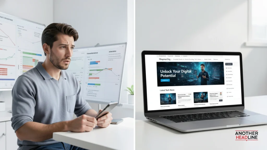 confused user vs clear digital learning on laptop with okaymuz org