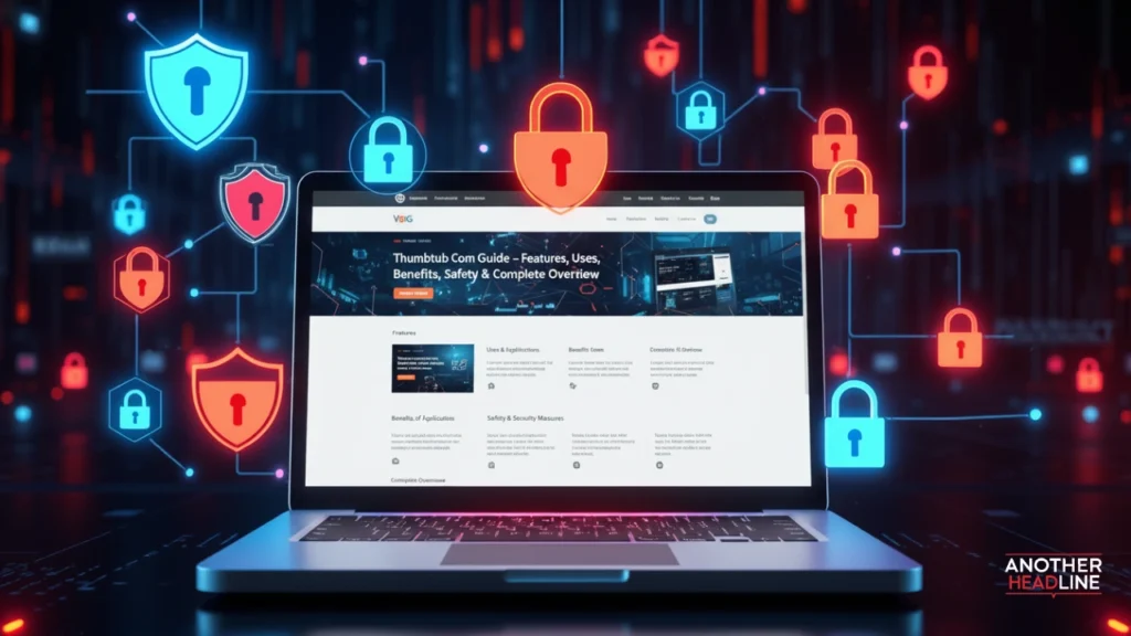 cybersecurity protection concept with laptop showing thumbtub com website and digital security shield icons