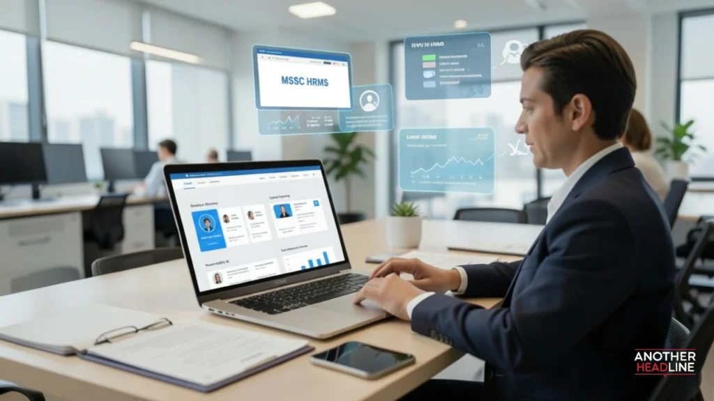 hr using mssc hrms dashboard on laptop to manage employee data