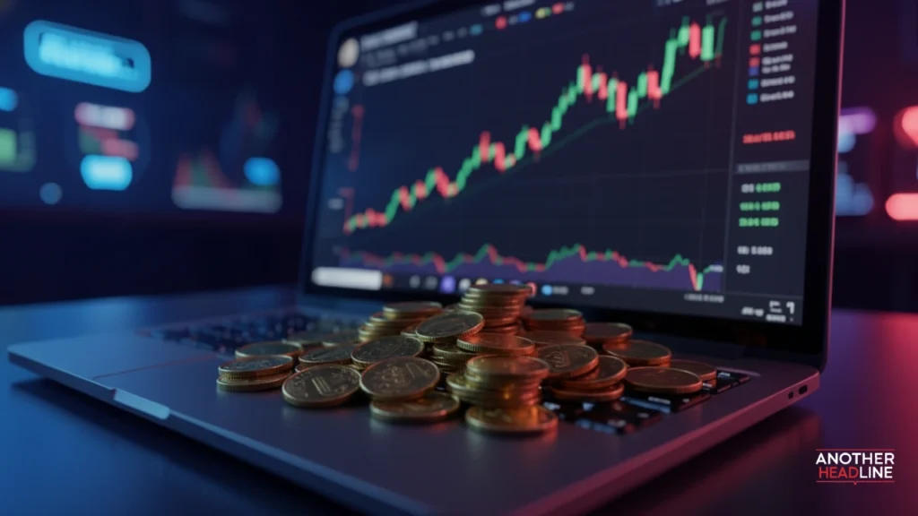 laptop showing crypto trading charts with gold coins - fintechasia net crypto facto