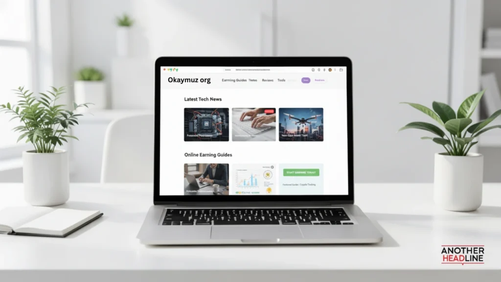 laptop showing okaymuz org homepage and latet tech, earning guide