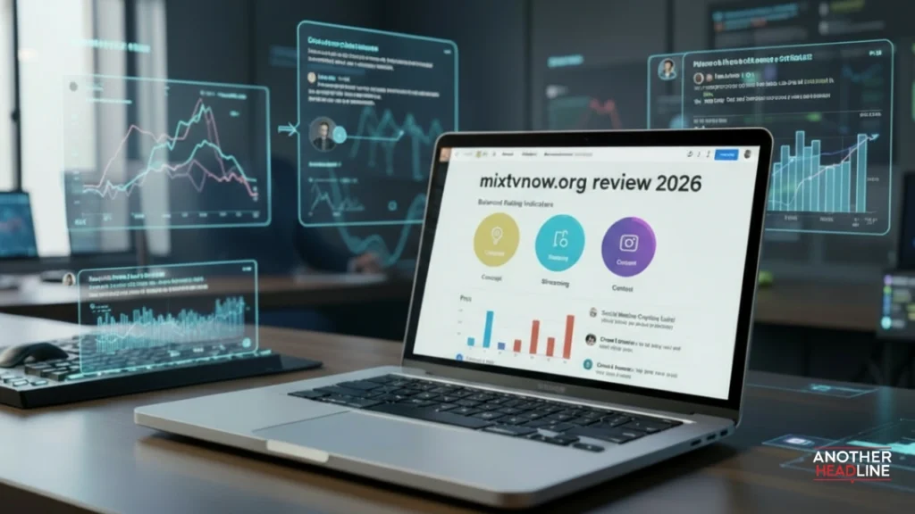 mixtvnow.org review 2026 blogger analyzing caption website with pros and cons charts on laptop screen