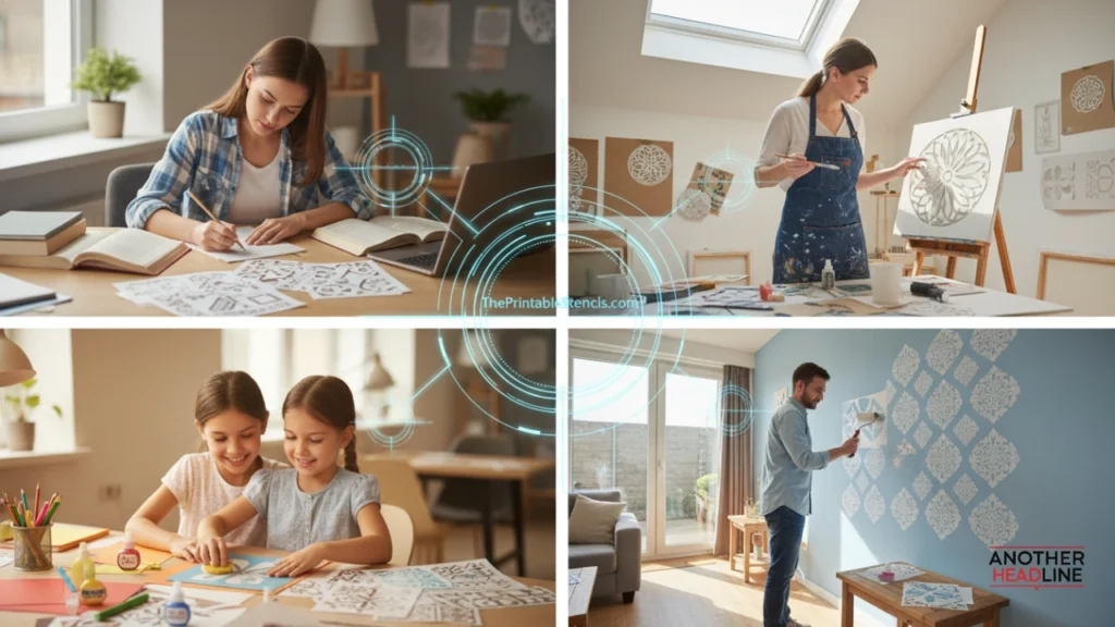 multi-scene showing student, artist, parent-child, and diy user connected theprintablestencils.com