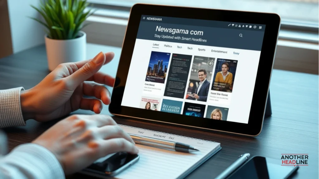 person browsing newsgama com on tablet with news features