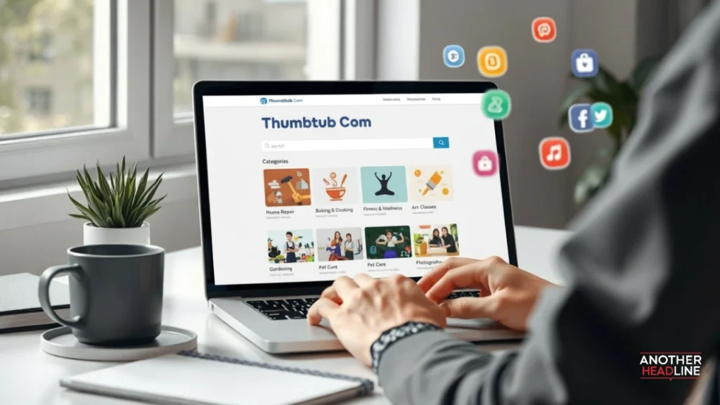 person browsing thumbtub com on a laptop with digital content categories on the screen