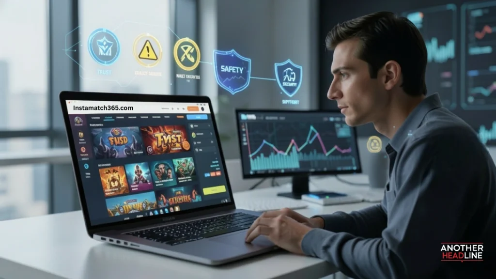 person exploring instamatch365.com gaming dashboard with tournaments and reward