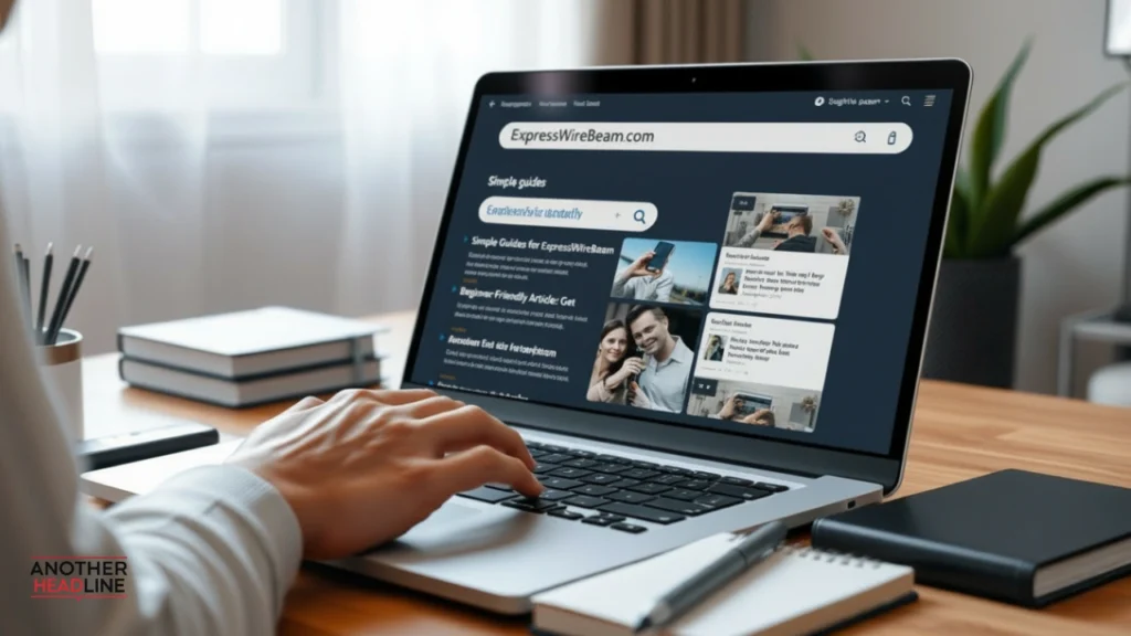 person searching expresswirebeam com on laptop for beginner guides
